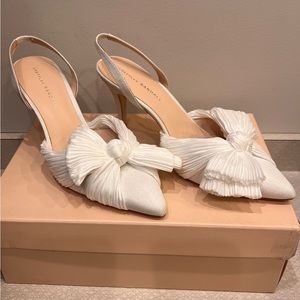 White silk Loeffler Randall bow sling backs